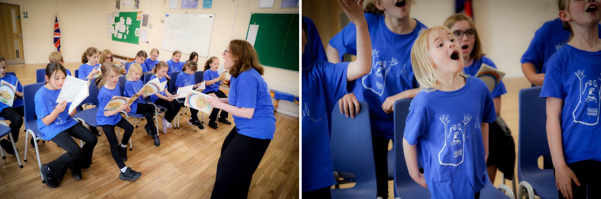Lichfield Young Voices choir members singing Two photos of members of Lichfield Young Voices Choir