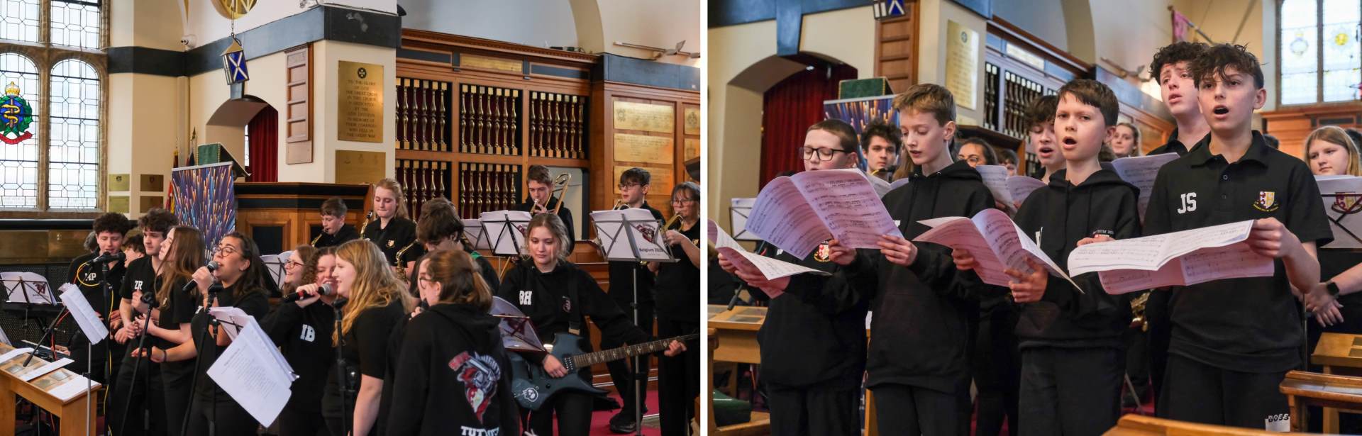 Two photos of LCS pupils singing in Soul Knights, the school's soul band, in Belgium
