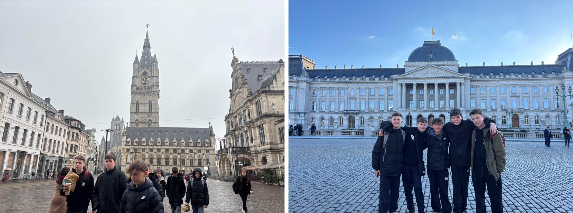 Two photos of Soul Knights band visiting cities in Belgium
