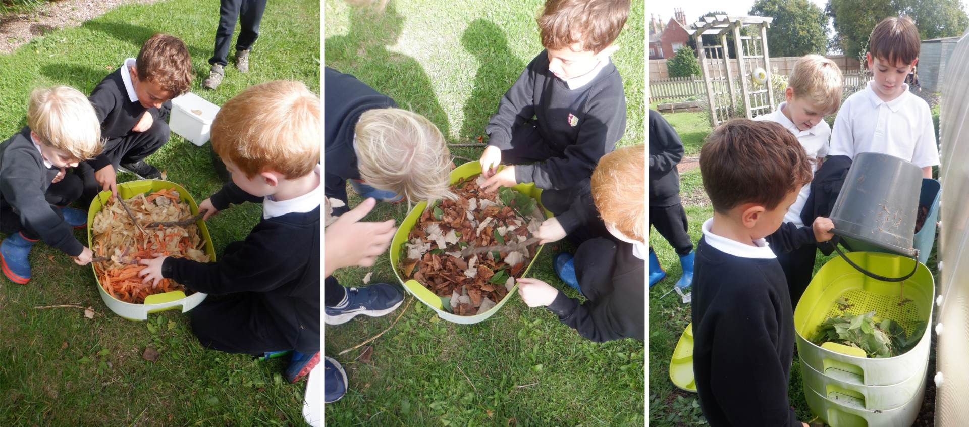 3 photos of children creating a wormery