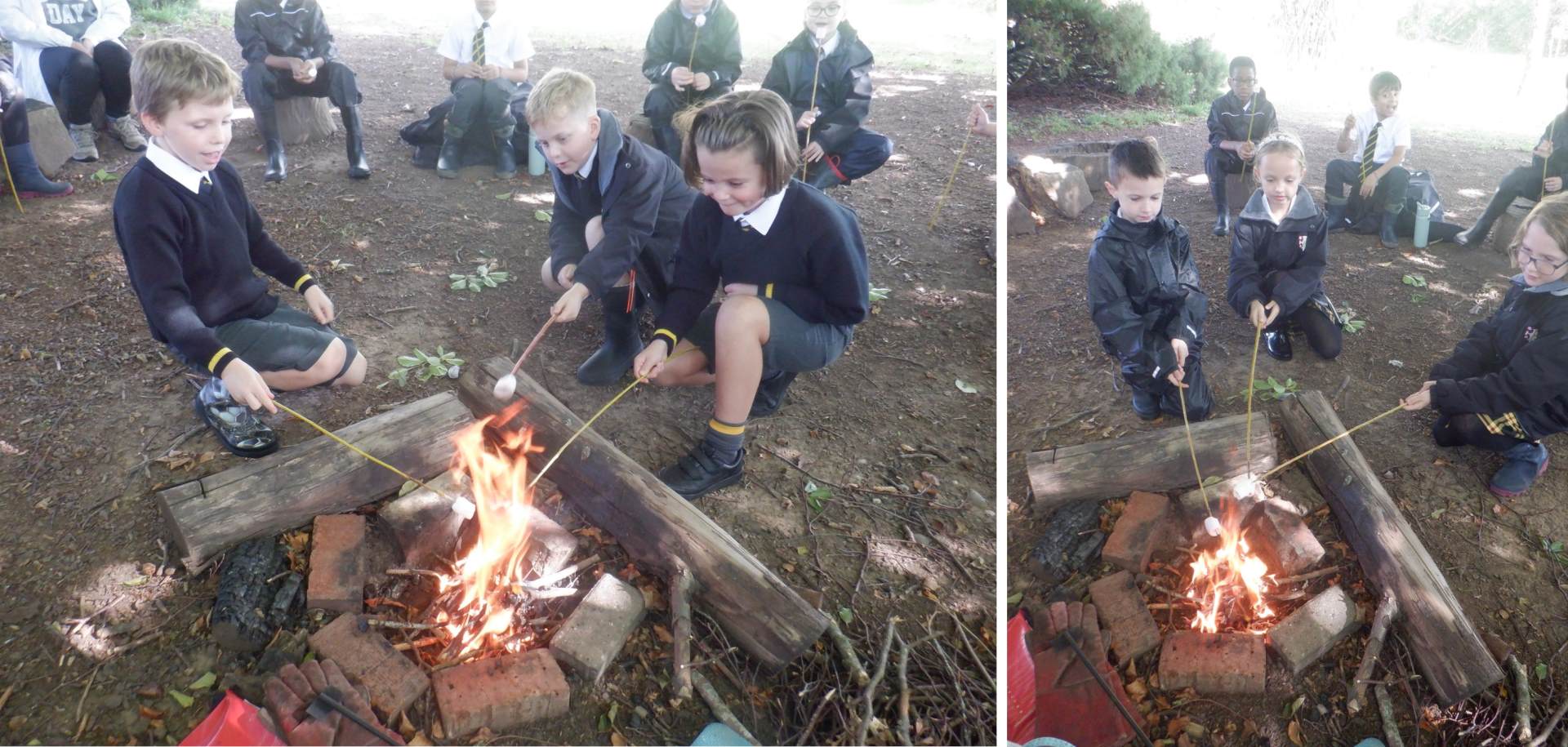 Two photos showing children roasting marshmallows at a campfire