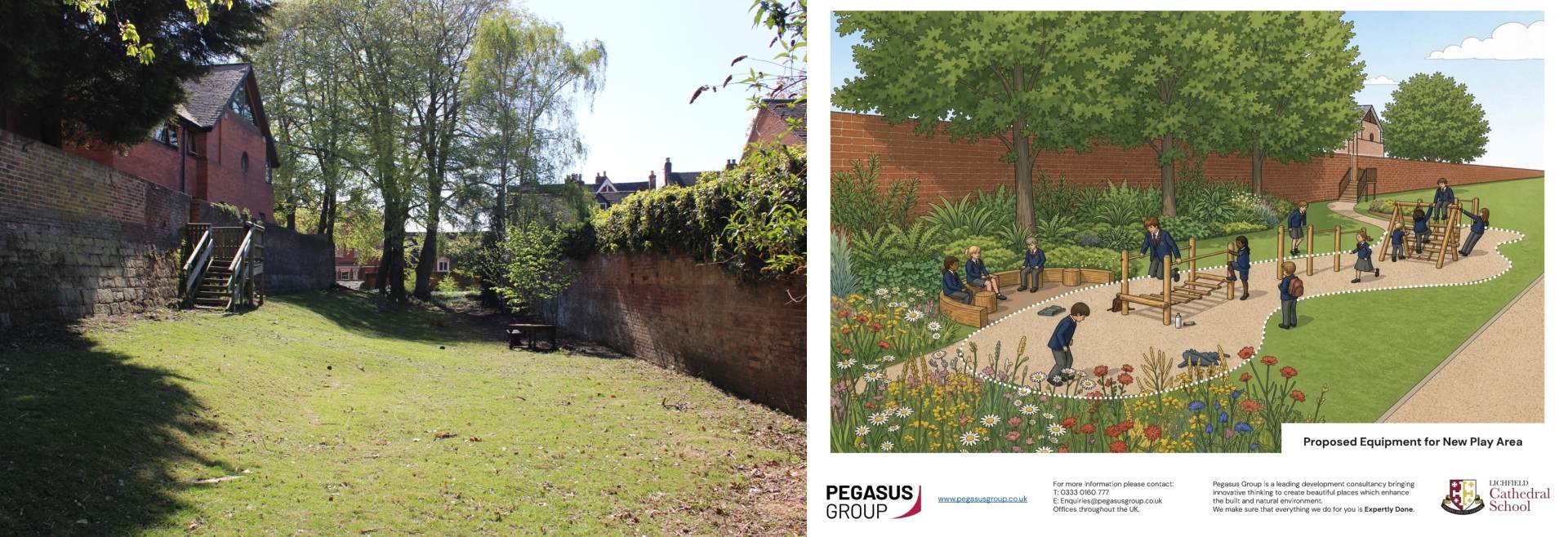 Broadhurst play area now and how it could be A photo of the Broadhurst play area and an artist's impression of how it could look after development