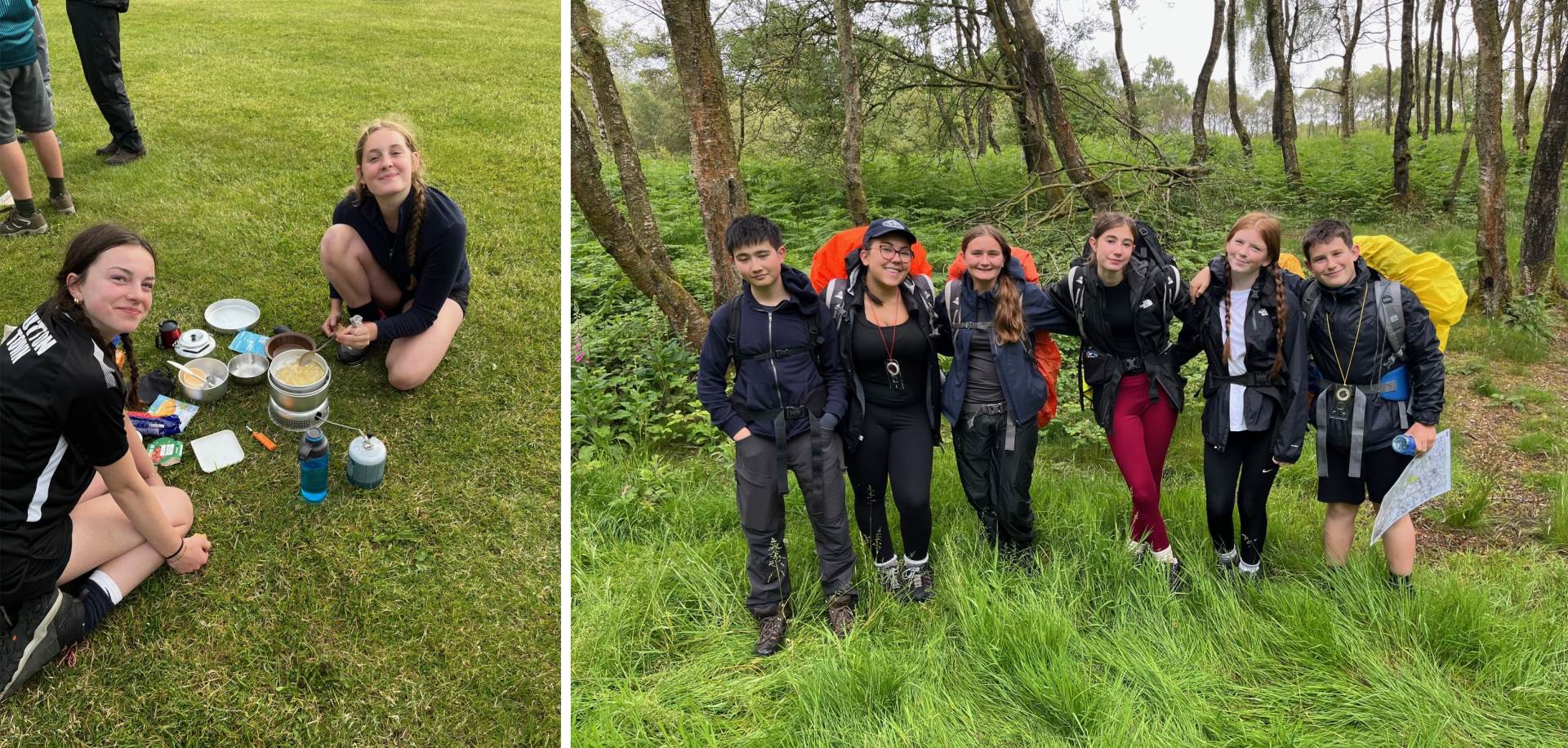 two girls cooking on camping stove and six students ready for a hike with backpacks