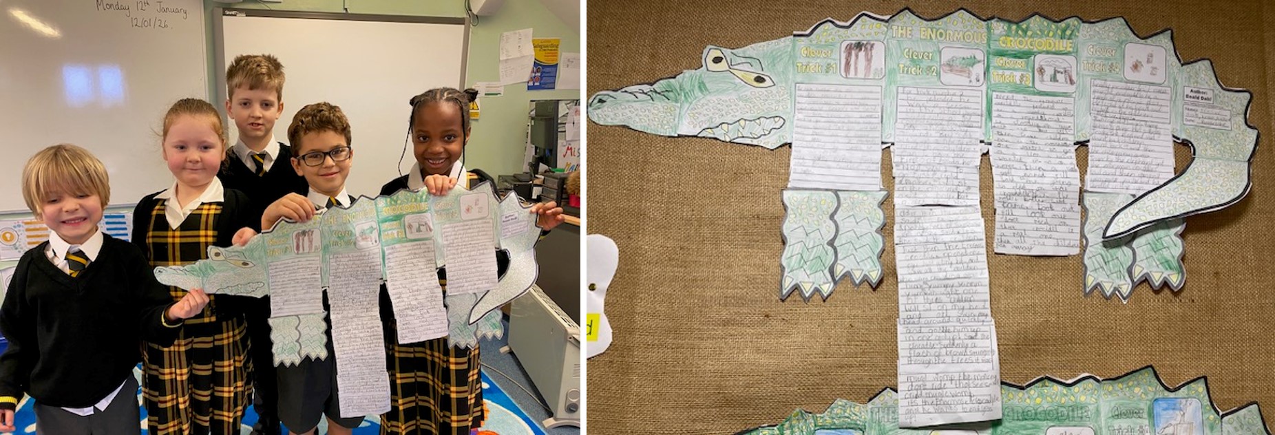 Our 'Enormous Crocodile' inspired by Roald Dahl Two photos showing a group of 5 children holding the paper crocodile they created, along with a close-up of their work