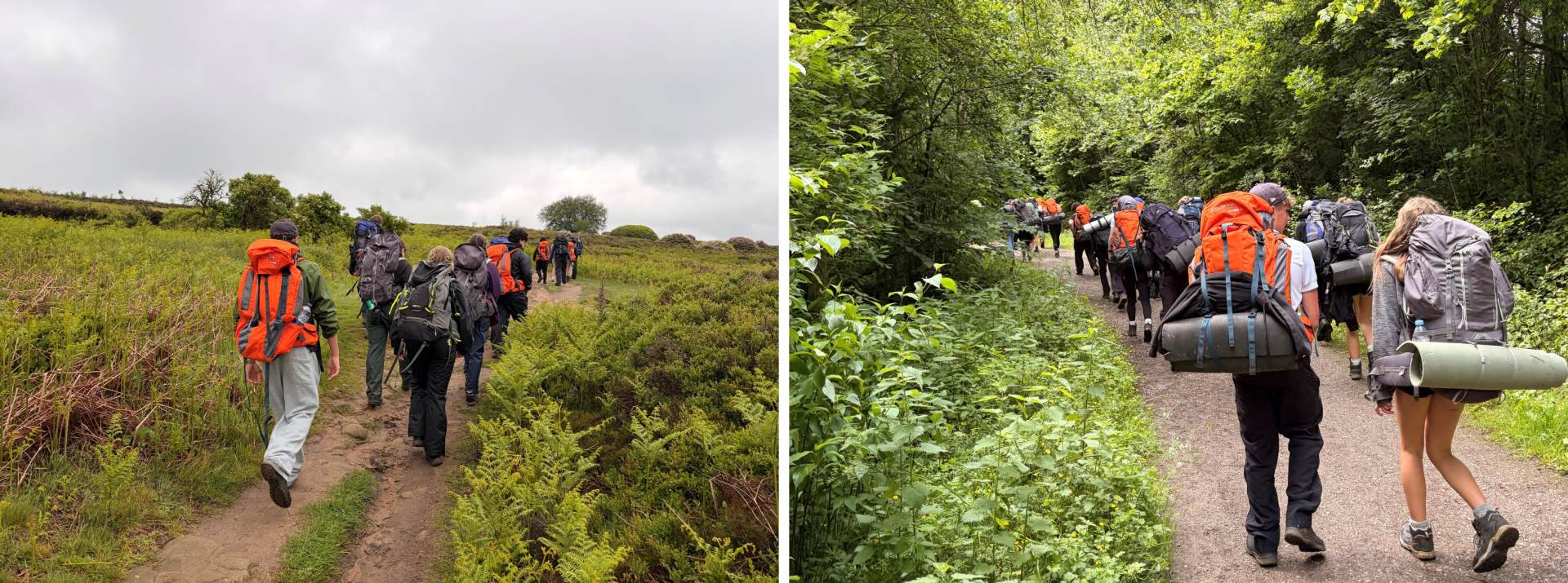 Year 10 DofE Bronze level students walking on their practice expedition Year 10 Duke of Edinburgh's Award students walking with rucksacks and camping equipment