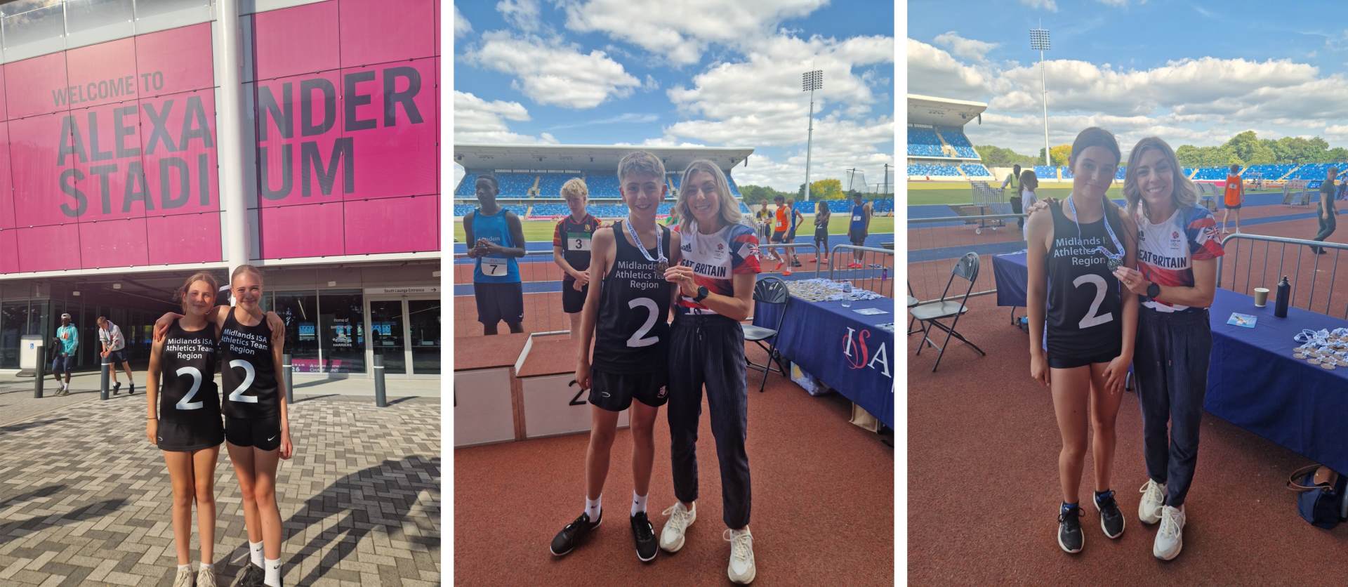 3 images from the ISA National Athletics Finals, 2 with students receiving medals 