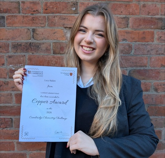 Lucy with Copper Award certificate from the Cambridge Chemistry Challenge Lucy with Copper Award certificate from the Cambridge Chemistry Challenge