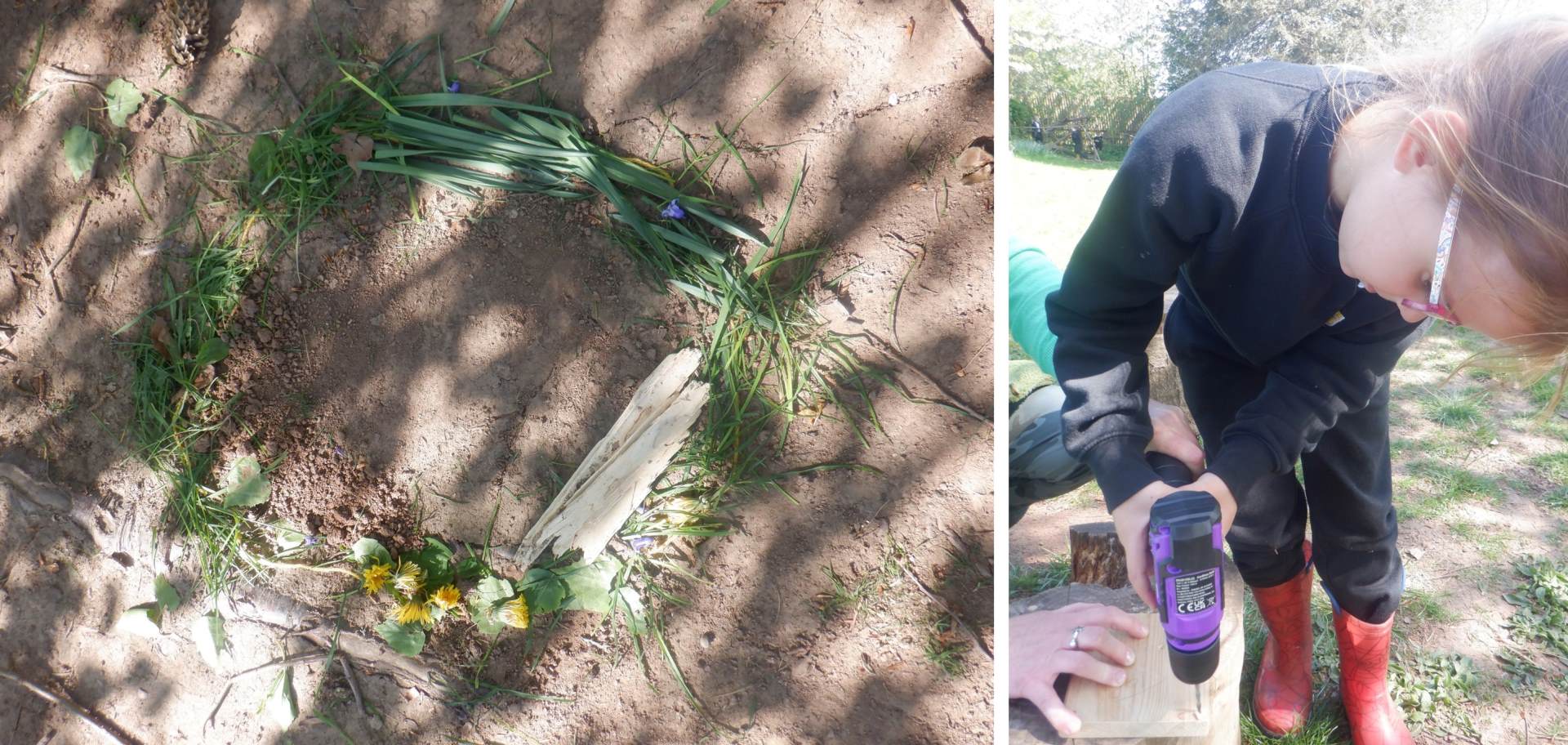 Pretty ground art using plants, flowers and grass, and a girl using a hand drill to create a bee hotel