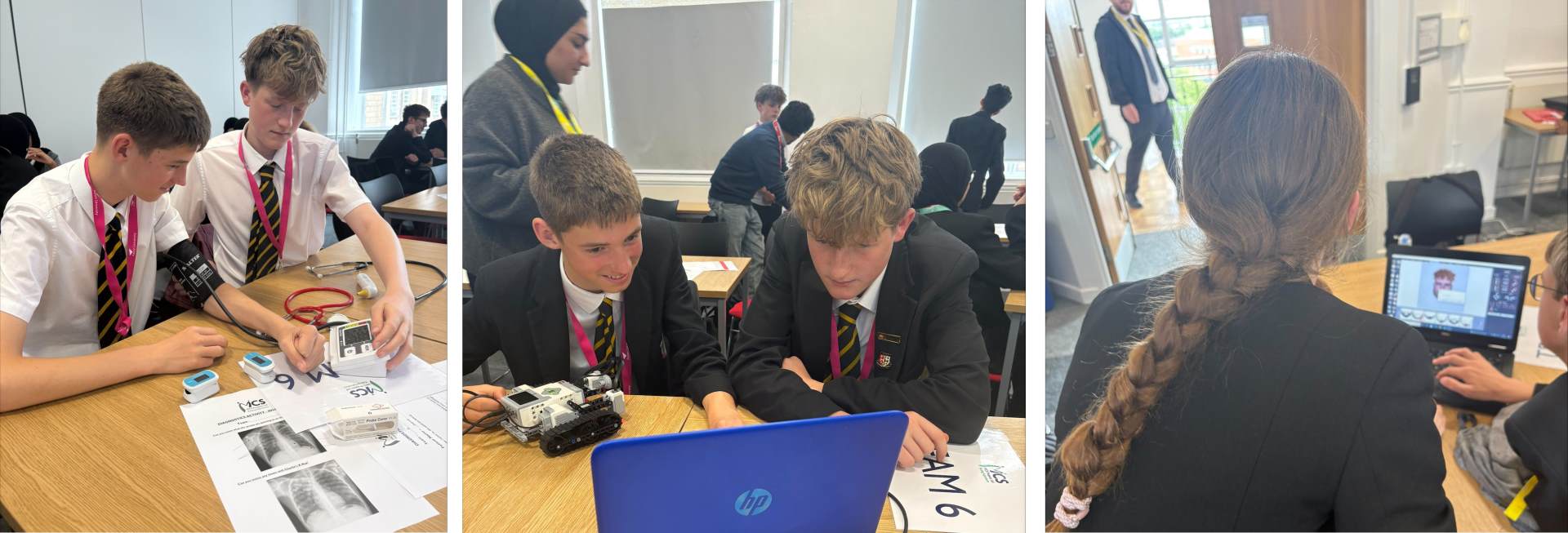STEM Challenge at Aston University Three photos of Year 9 students taking part in STEM activities at Aston University