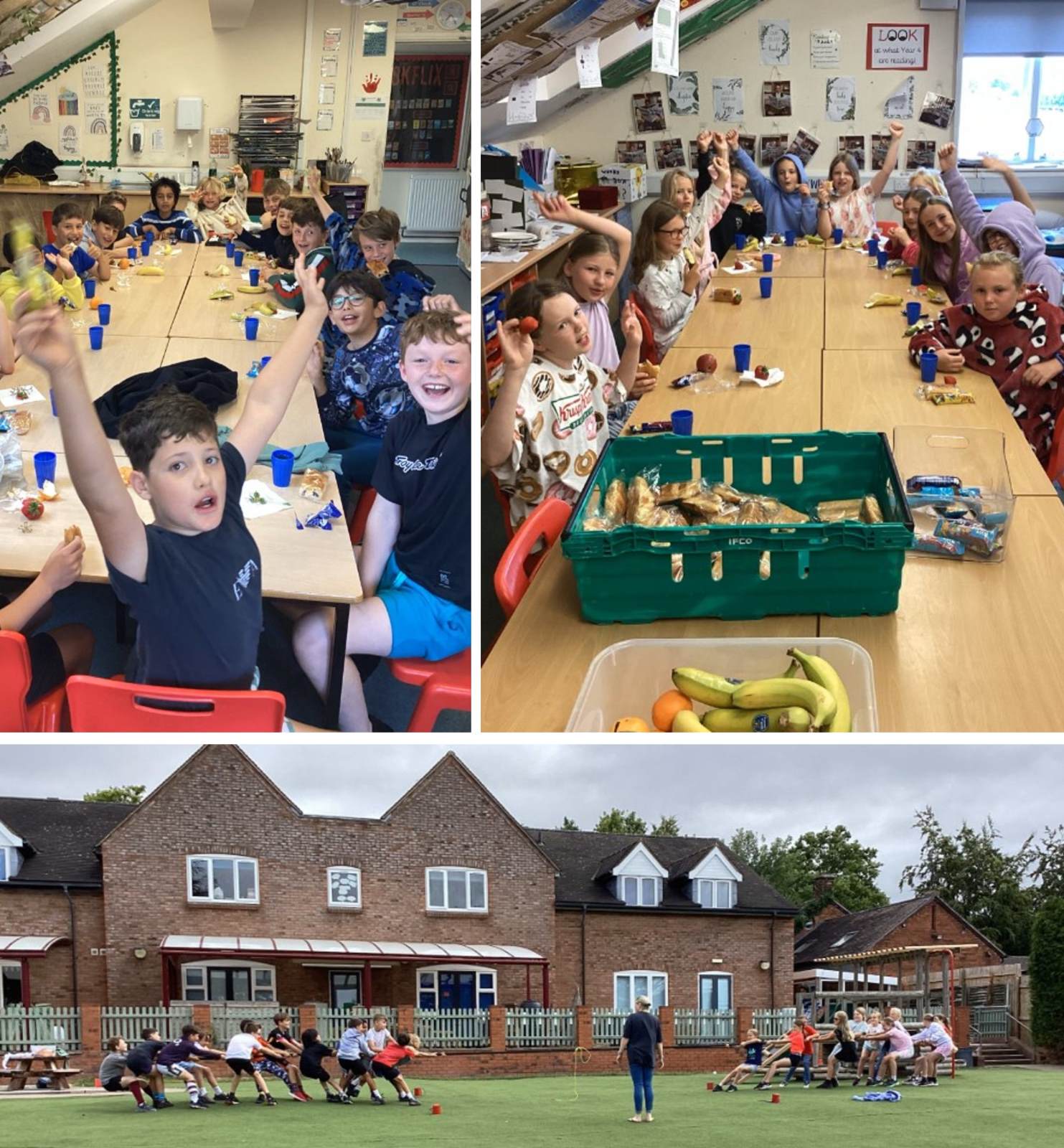 Group of children enjoying continental breakfast and two groups playing tug-of-war