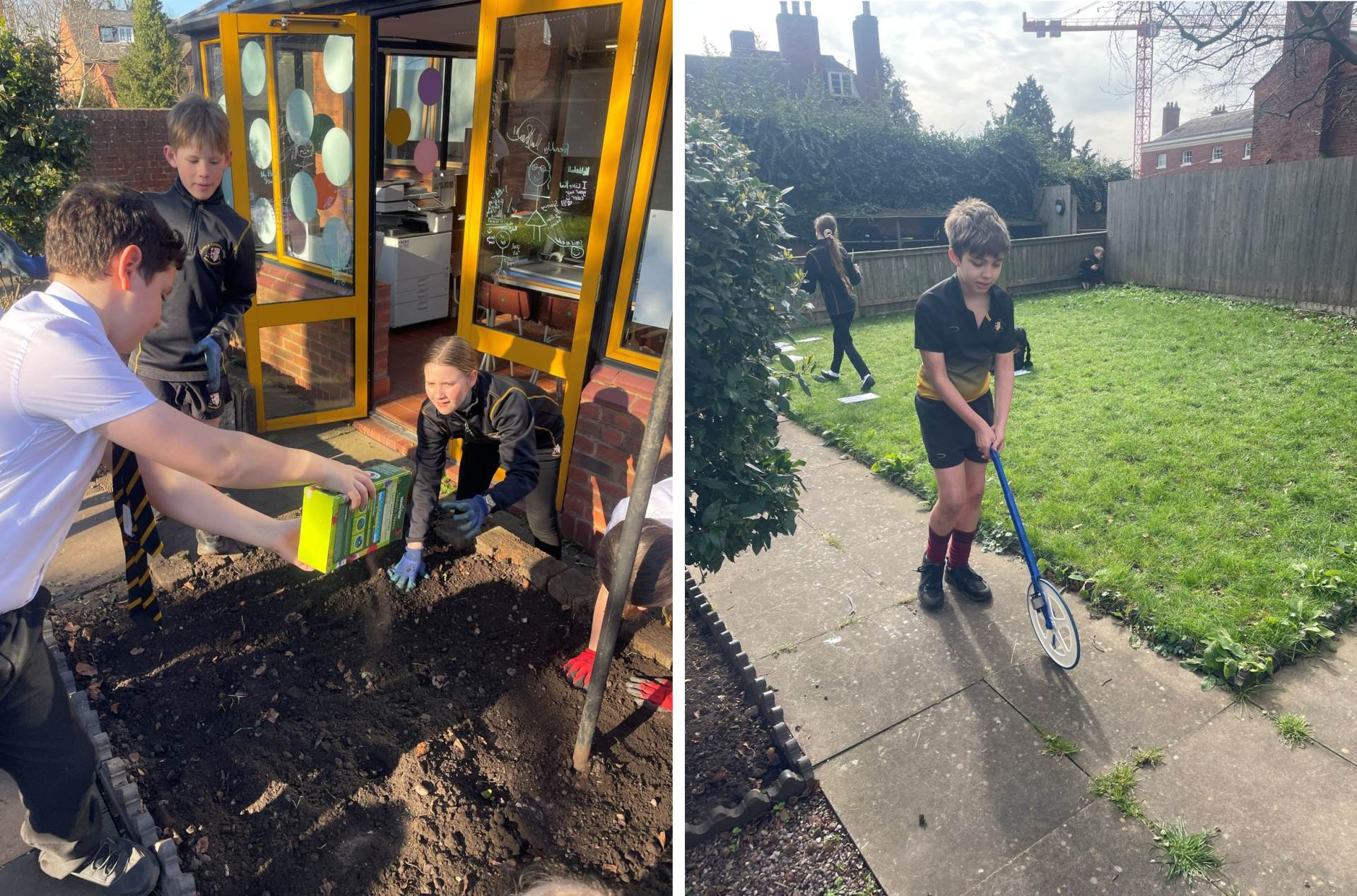 Preparing the ground at Broadhurst Two photos of Year 6 pupils preparing the ground for plants at Broadhurst