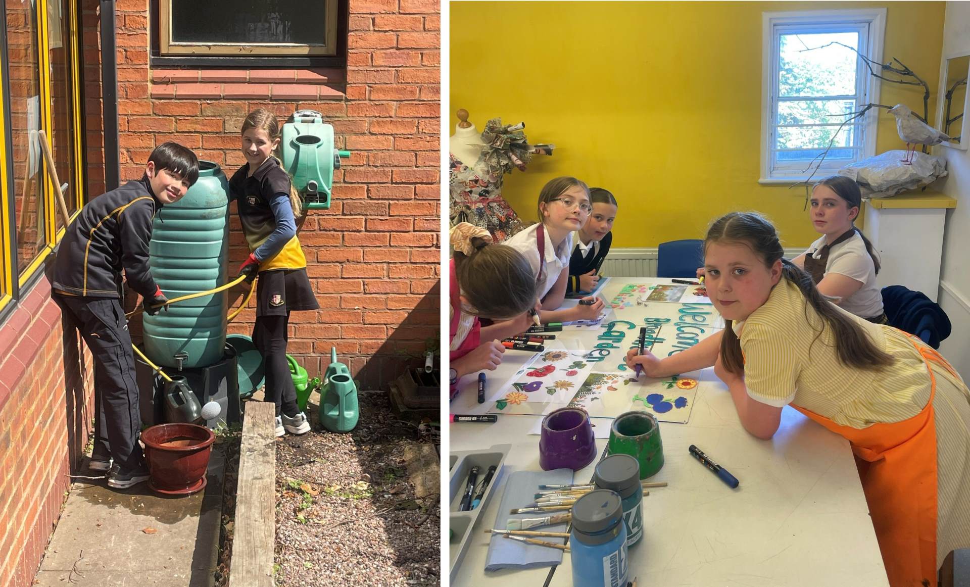 Water supply and garden sign Two photos of Year 6 pupils installing a water butte and painting a garden sign