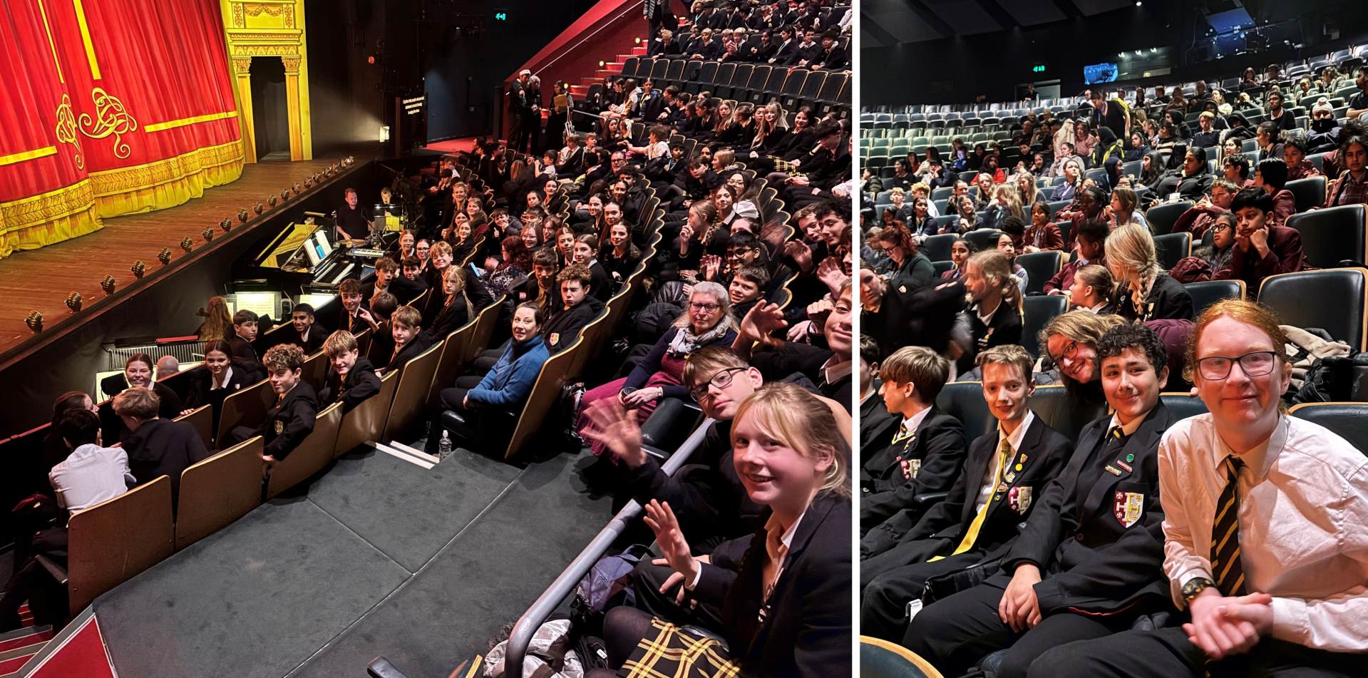 Two photos showing Year 9 students at the theatre to see Sherlock Holmes and the 12 days of Christmas