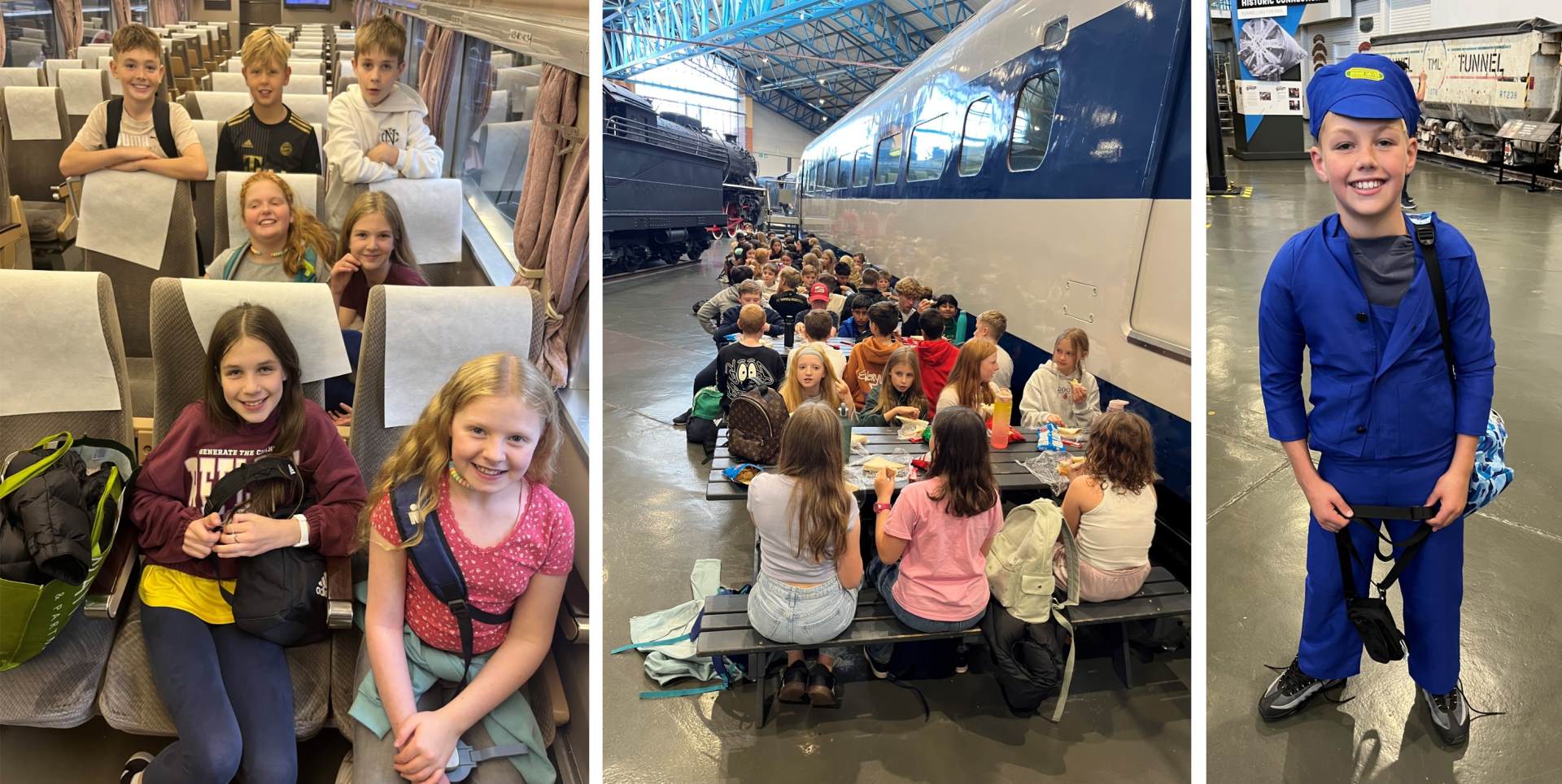 Three photos showing Year 7 pupils at the Railway Museum near York