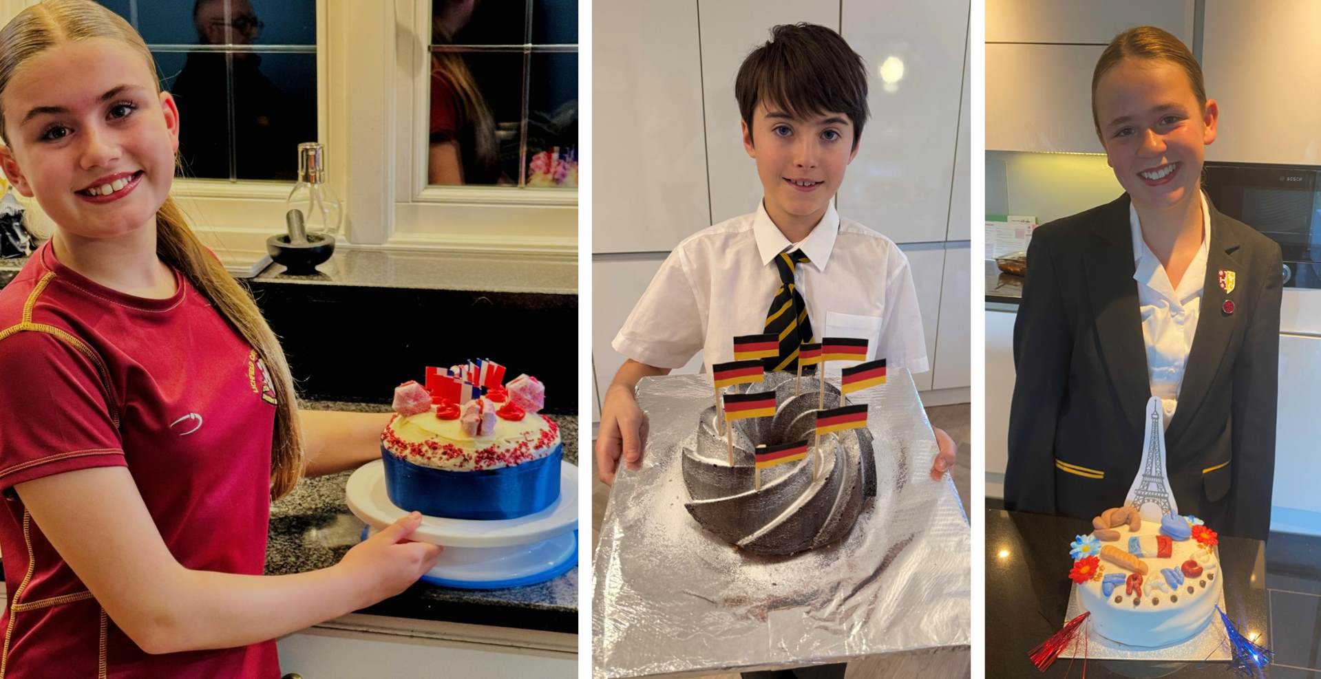 Three photos showing pupils and their winning cakes celebrating European Day of Languages
