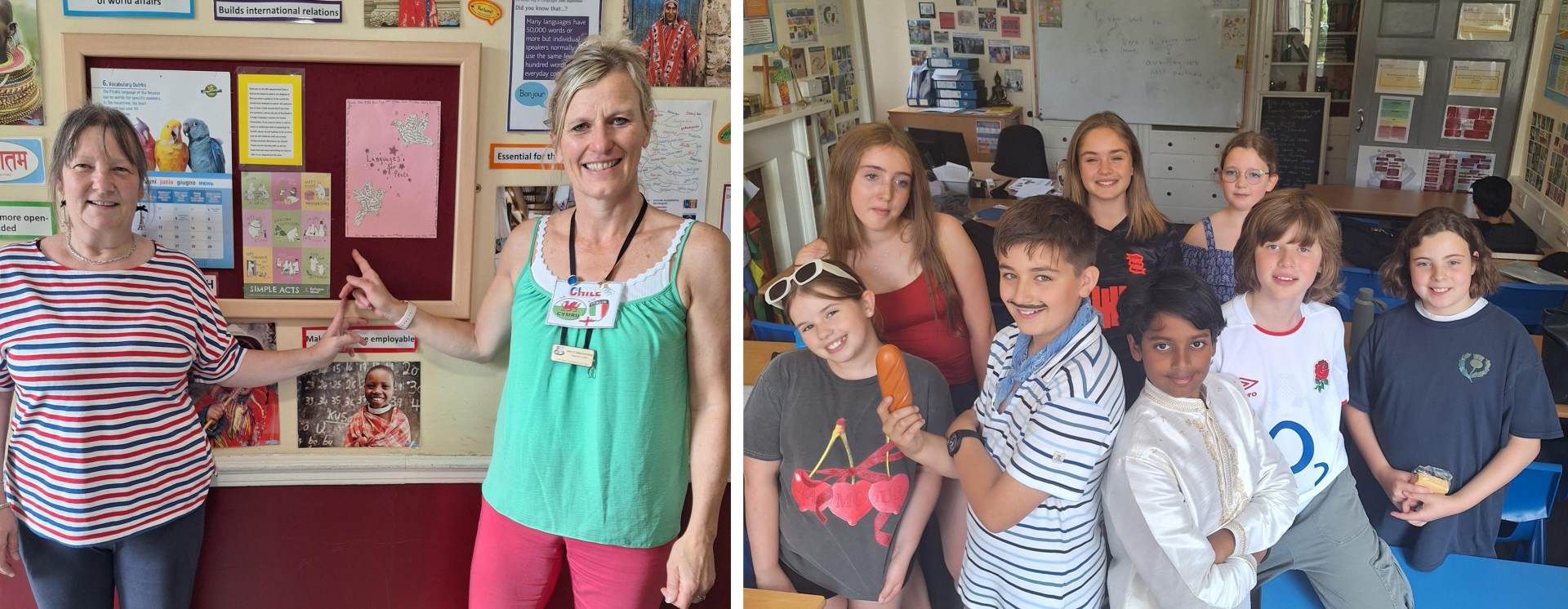 A group of 8 children wearing clothes that illustrate their identity and 2 teachers pointing to a wall display featuring different cultures