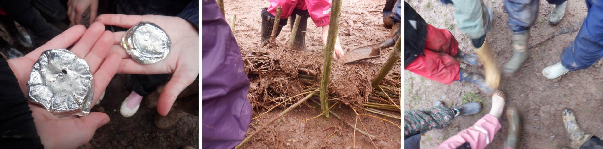 3 phots of Roman coins cast from pewter, children making wattle and daub, and children enjoying mud