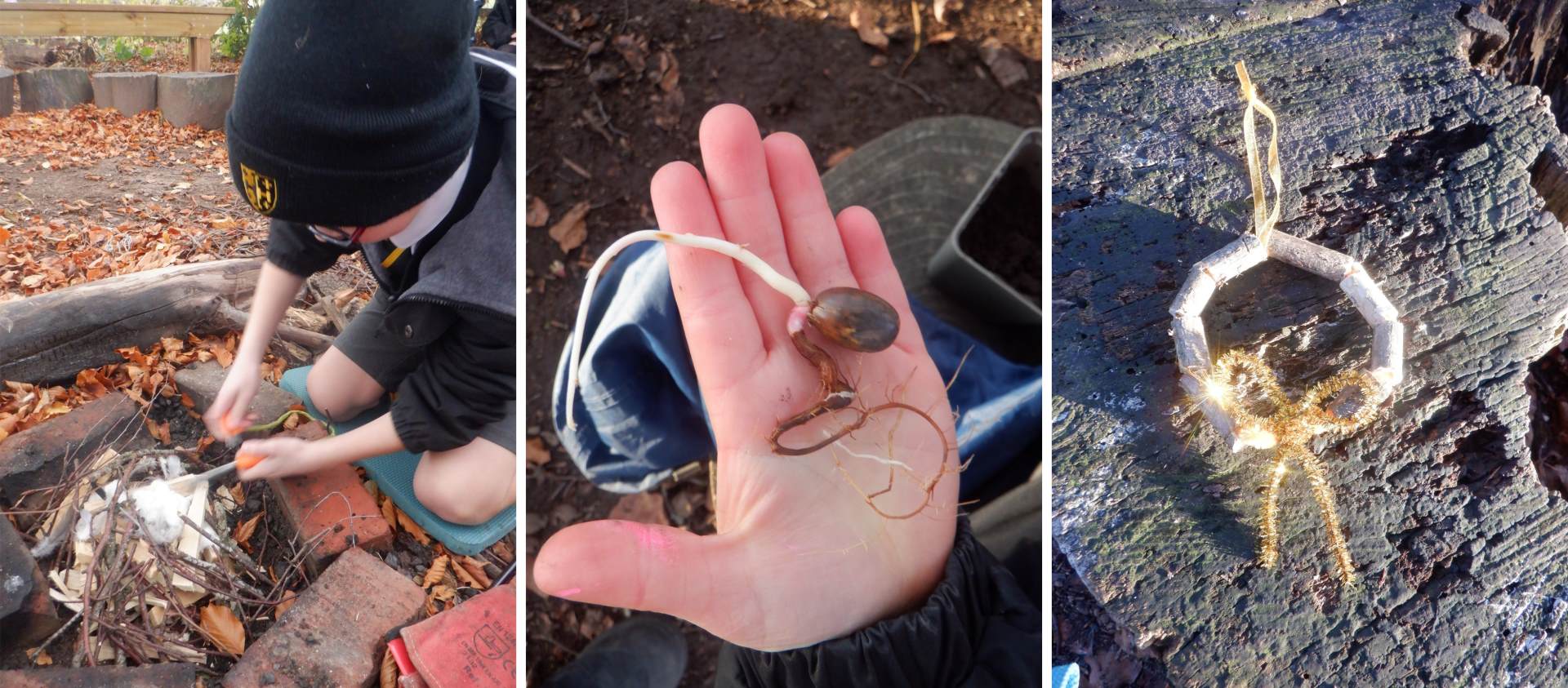 Growing Minds curriculum outdoor learning in November 3 photos of children learning outside, including starting a fire and making a wreath using beads made from elder
