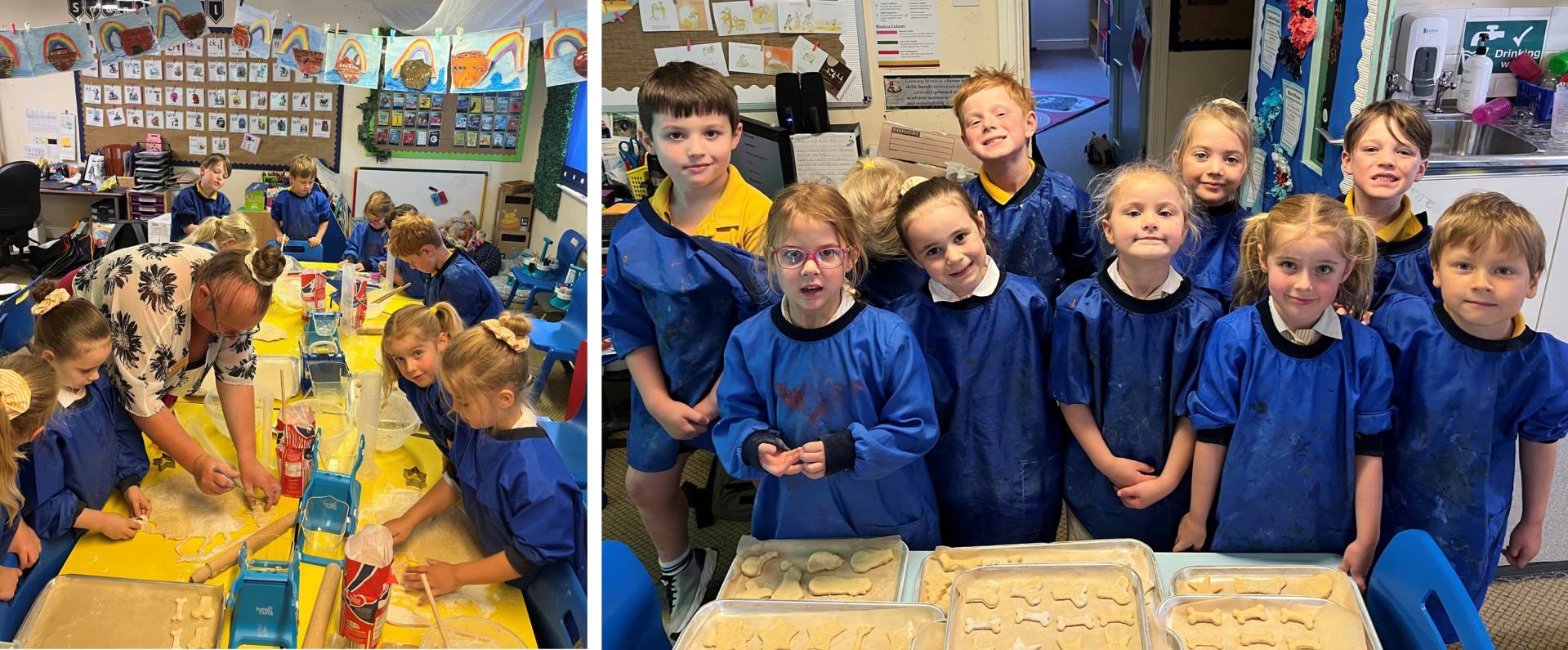 Year 1 make dog biscuits 2 photos showing Year 1 making dog biscuits to raise funds for Guide Dog Association