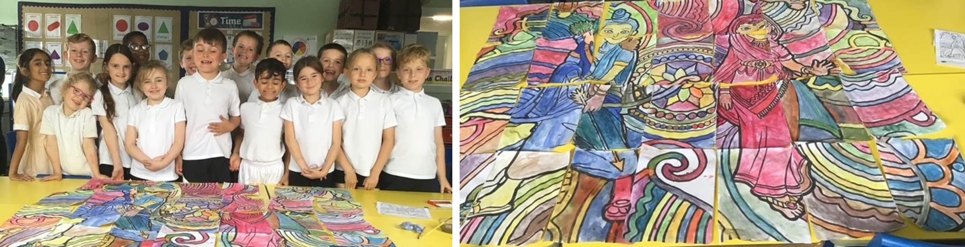 A group of school children showing their completed artwork
