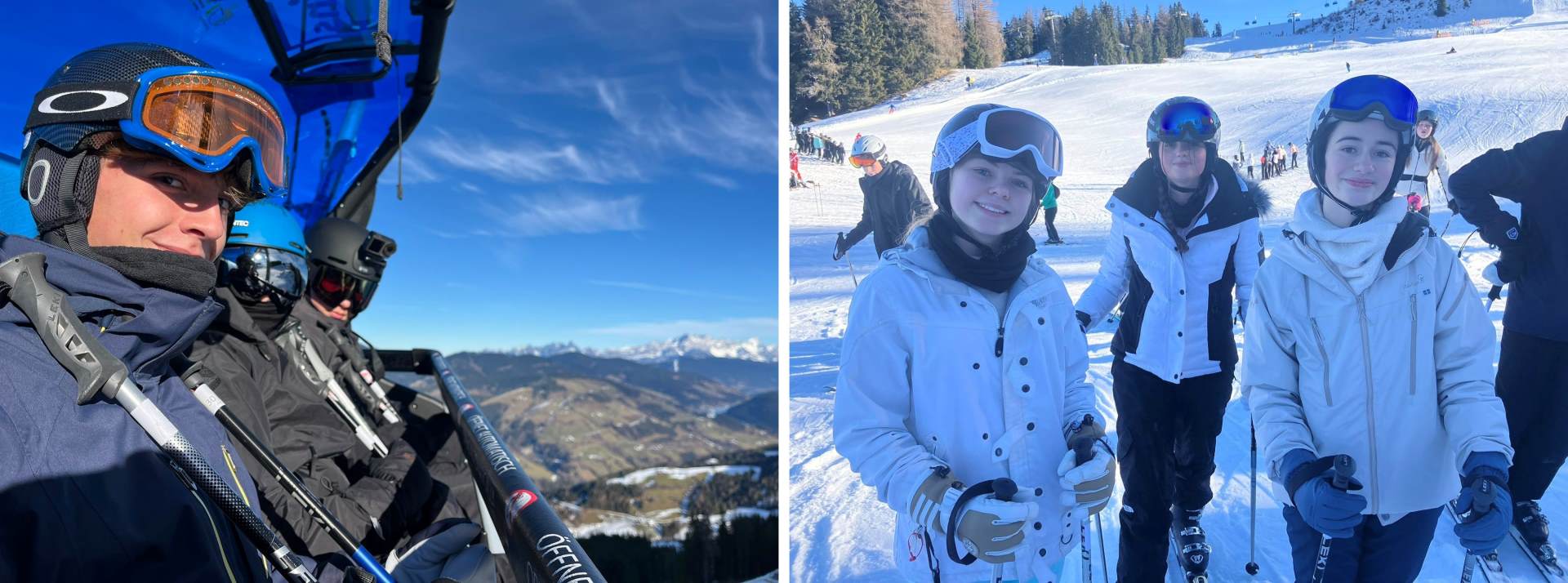 2 photos of LCS pupils on the ski slopes in Austria
