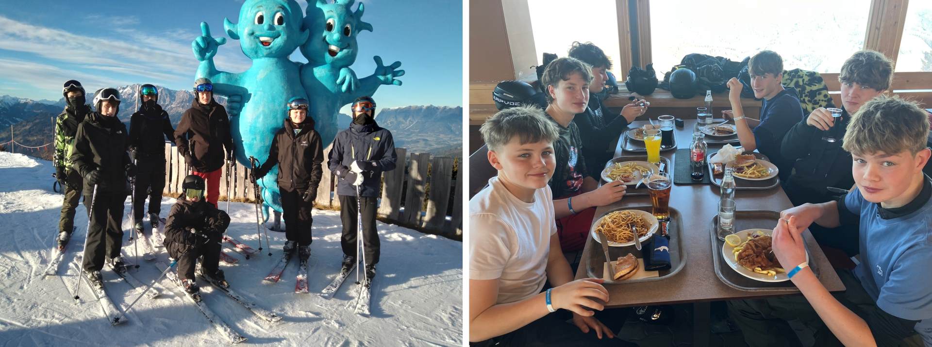 Two photos showing Ski Trip 2025 students skiing and eating lunch