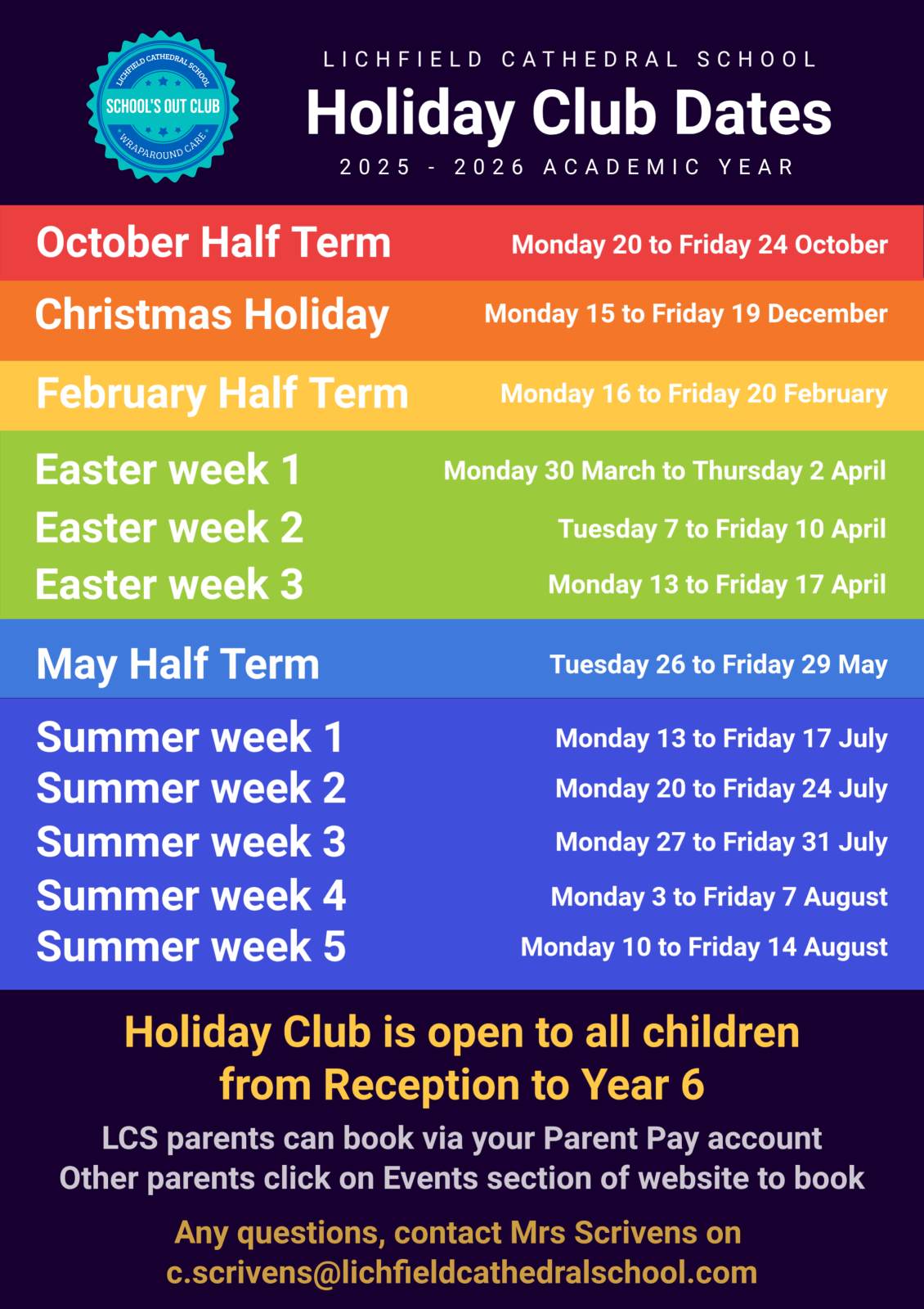 List of dates of Holiday Club during 2025-2026 academic year