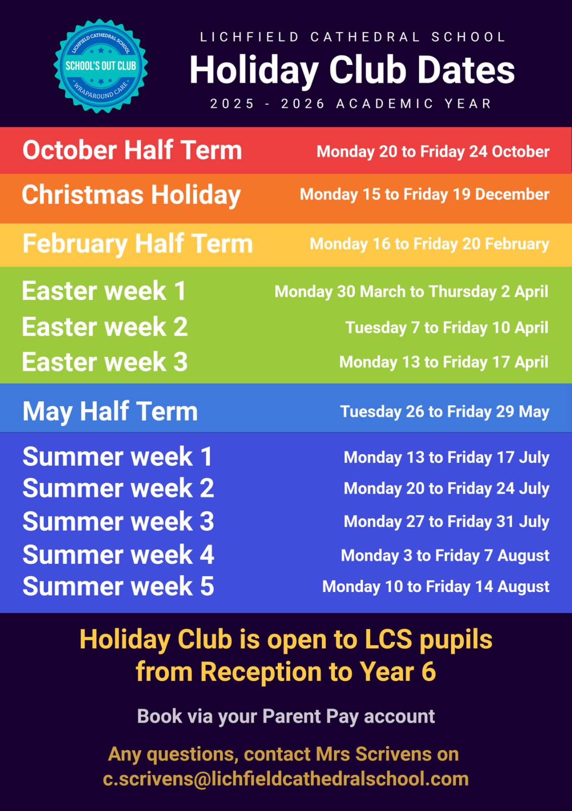 List of dates of Holiday Club during 2025-2026 academic year