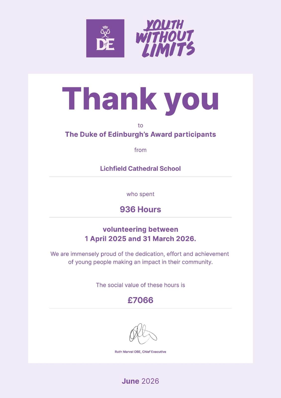 Thank you certificate for 936 Hours of volunteering by Duke of Edinburgh Award candidates