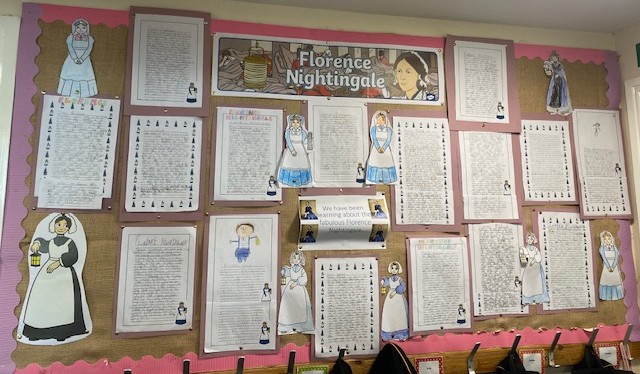 Display board showing work by Year 2 pupils on the life of Florence Nightingale